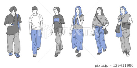 街の人々の線画イラストセット 129411990