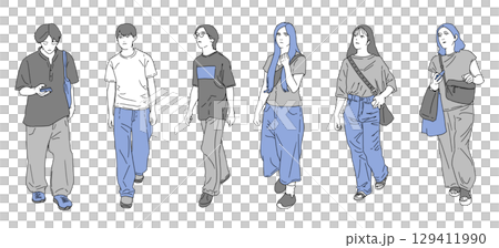 街の人々の線画イラストセット 129411990