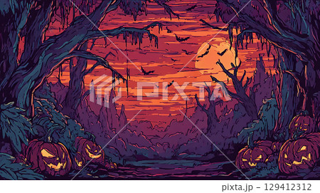 ハロウィンの夜の風景とジャック・オー・ランタン 129412312