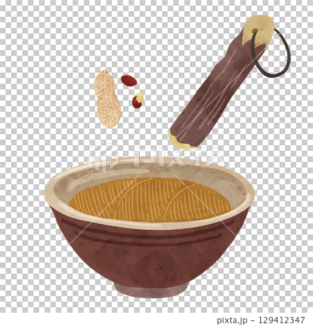 Mortar, pestle and peanuts watercolor hand-drawn illustration 129412347
