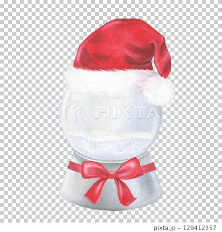 Snow Globe blank with red with Santa claus hat. Watercolor illustration of a Christmas snowball. Hand drawn vintage sketch of Snowglobe on white isolated background. Water color painting art image 129412357