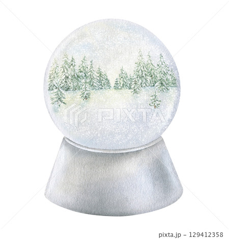 Snow Globe with forest landscape inside. Watercolor illustration of a Christmas snowball. Hand drawn holiday vintage sketch of Snowglobe on white isolated background. Water color painting art image 129412358