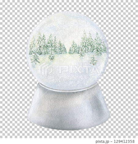 Snow Globe with forest landscape inside. Watercolor illustration of a Christmas snowball. Hand drawn holiday vintage sketch of Snowglobe on white isolated background. Water color painting art image 129412358