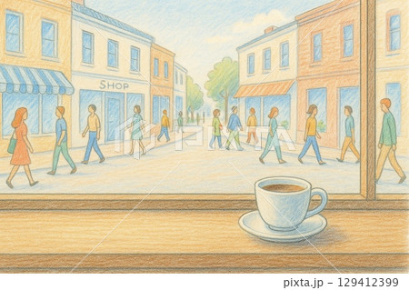 カフェの窓越しに見た街の通りを行き交う人々(イラスト　横長　バナー) 129412399
