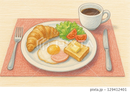 カフェのモーニングメニュー(横長　バナー　イラスト) 129412401