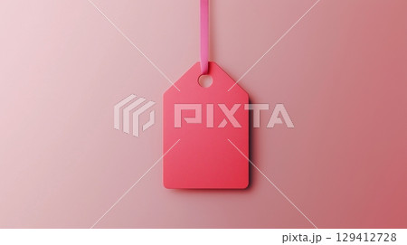 Paper price tag label red brand name with rope on solid background 129412728