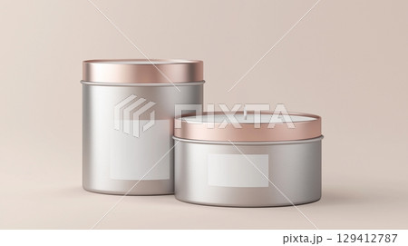 Tin candle minimalist mockup cylindrical container silver metal matte and shadow light wall 129412787