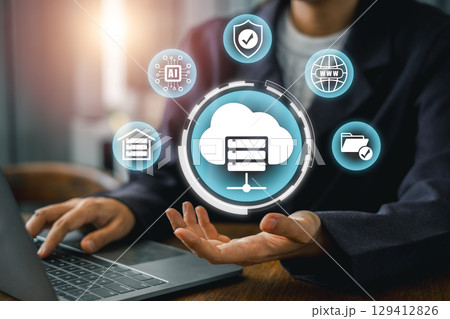 Visual representation of web hosting with cloud server and network icons, illustrating digital connectivity and online services. 129412826