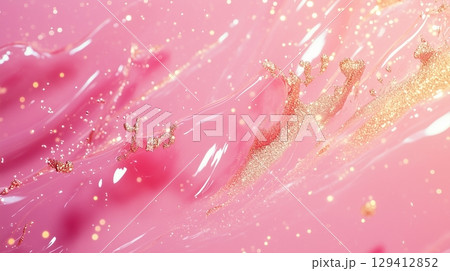 Wave pink flow fluid with golden sparkles magic gradient texture shimmering ornament 129412852