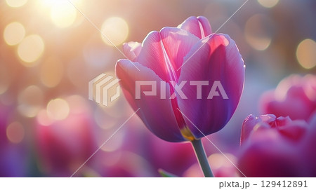 Purple tulip macro photo backlight bokeh blurred leaves with nature gardening environmental 129412891