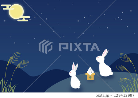十五夜の月見をするうさぎとススキ|満月 秋の夜 団子 星空 十五夜の月見をするうさぎとススキ|満月 秋の夜 団子 星空 129412997
