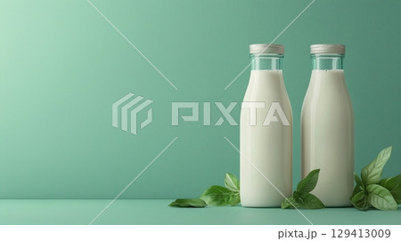 Mockup two glass healthy milk drink liquid container with leaves decoration soft background 129413009