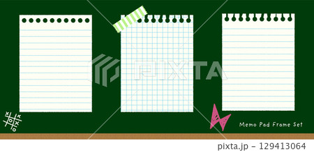 手書き風のノート用紙や方眼紙をデザインしたかわいいメモ帳風フレームセット|罫線、方眼、黒板背景、文房 手書き風のノート用紙や方眼紙をデザインしたかわいいメモ帳風フレームセット|罫線、方眼、黒板背景、文房 129413064