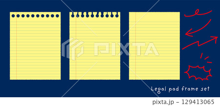 黄色いリーガルパッド風の罫線付きメモ用紙と手描き風アイコンのセット|ノート、罫線、黄色い紙、吹き出し 黄色いリーガルパッド風の罫線付きメモ用紙と手描き風アイコンのセット|ノート、罫線、黄色い紙、吹き出し 129413065