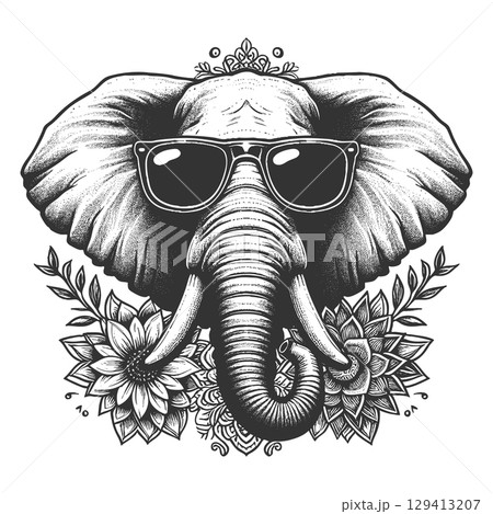 Elephant in sunglasses engraving vector Elephant in sunglasses engraving vector 129413207