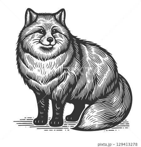 Fluffy fat Fox engraving vector illustration 129413278
