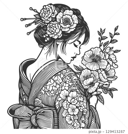 Geisha with Blossoming Flowers engraving vector 129413287