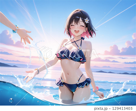 海で水着の美女が海にいる夏のビーチで遊ぶ夏風景 129413403