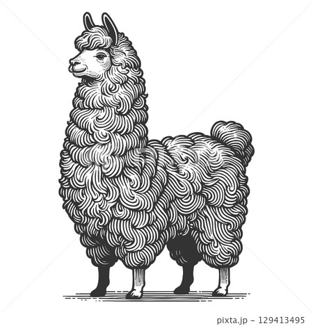 Fluffy Llama engraving sketch vector illustration 129413495