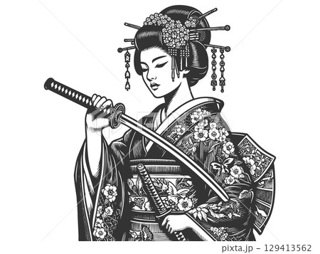 Samurai Woman Wielding Katana vector illustration 129413562