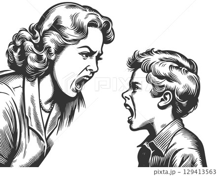 Angry mother scolding young son vector 129413563