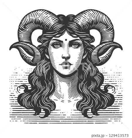 Mythical Woman with Ram Horns engraving vector 129413573