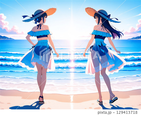 浜辺で波打ち際を歩く、麦わら帽子と水着姿の女性のイラスト 129413718
