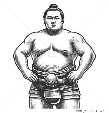 Sumo Wrestler in Traditional Pose engraving vector 129413740