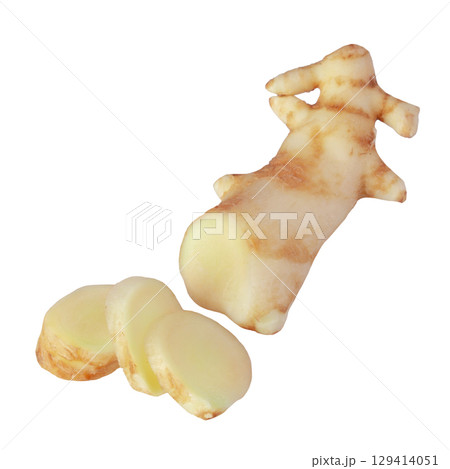 Ginger and ginger leaves isolated on white background 129414051