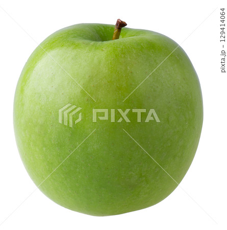Green apple with green leaf and cut slice with seed isolated on white background. 129414064