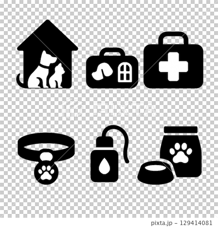 六個單色剪影圖示代表寵物災難準備 六個單色剪影圖示代表寵物災難準備 129414081