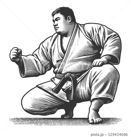 Martial Artist in Karate Gi engraving vector 129414086