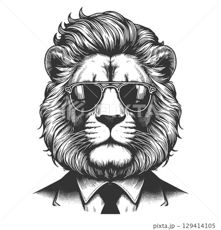 Lion in Suit and Sunglasses engraving vector 129414105