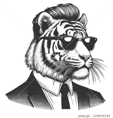 Cool tiger in sunglasses and suit engraving vector 129414143