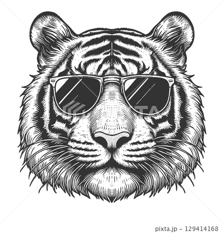 Cool Tiger in Sunglasses engraving vector Cool Tiger in Sunglasses engraving vector 129414168