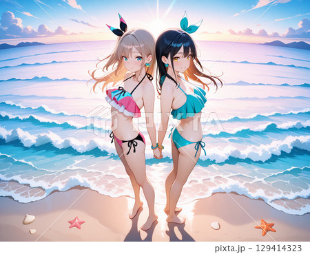ビーチで楽しそうな笑顔の仲良し女性二人組 ビーチで楽しそうな笑顔の仲良し女性二人組 129414323