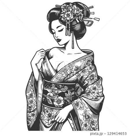 Traditional Geisha Floral Kimono engraving vector Traditional Geisha Floral Kimono engraving vector 129414653