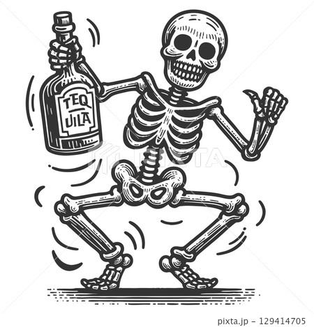 Dancing skeleton with tequila vector 129414705