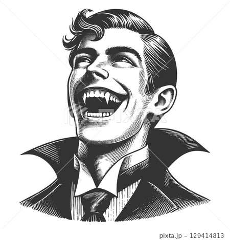 Smiling Vampire with Fangs engraving vectorのイラスト素材 [129414813] - PIXTA