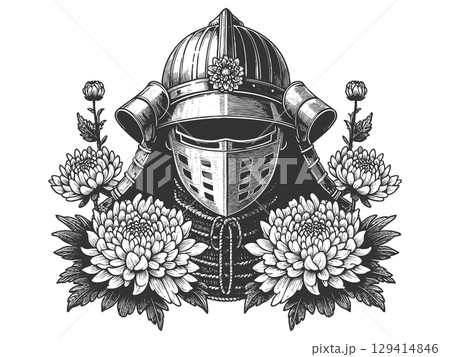 Samurai Helmet with Chrysanthemum Flowers vector 129414846