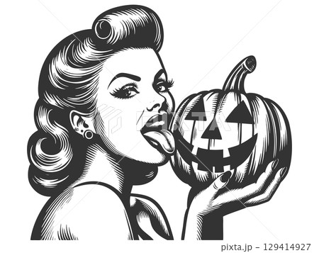 Pin-Up Woman Licking Halloween Pumpkin vector 129414927