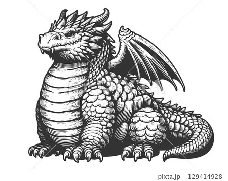 Chubby fat Dragon engraving vector illustration 129414928