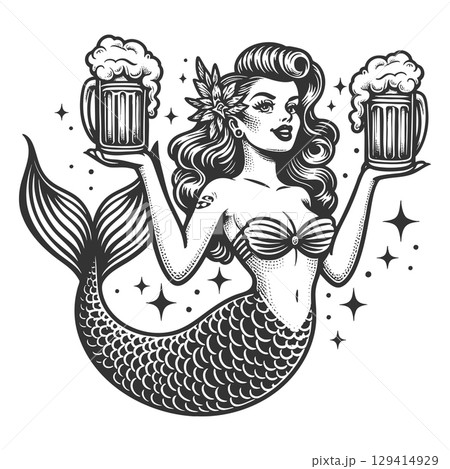 mermaid beer mugs engraving vector illustration mermaid beer mugs engraving vector illustration 129414929