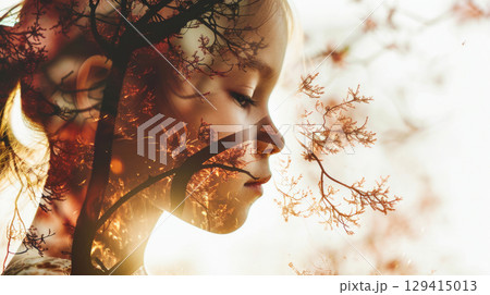 Little girl profile with imaginary world, dreams in her head, double exposure 129415013