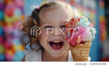 Cheerful little girl enjoying vibrant rainbow ice cream cone on sunny day 129415040