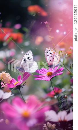 Butterflies with intricate patterns on vibrant flowers, natural background 129415054