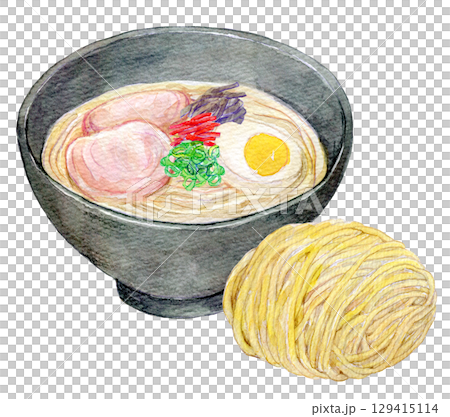 Watercolor illustration, hand-drawn illustration, Hakata ramen extra noodles Watercolor illustration, hand-drawn illustration, Hakata ramen extra noodles 129415114