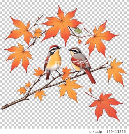山雀棲息在秋葉的樹枝上 129415256