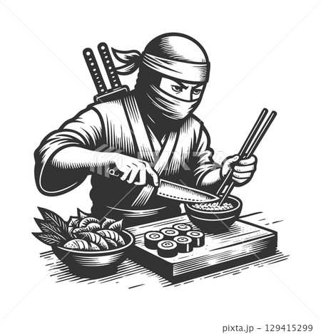 Ninja Chef Preparing Sushi Rolls engraving vector 129415299