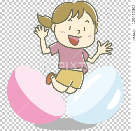 A girl jumps out of a pink capsule 129415303